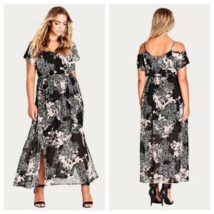 Floral Shadow Cold Shoulder Maxi Dress